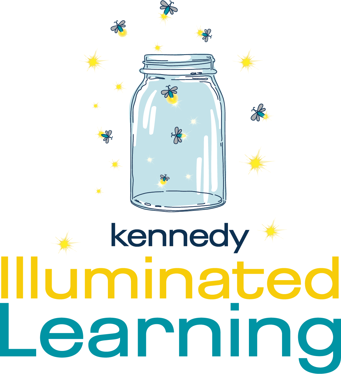 teal and yellow wordmark with an illustration of a jar and fireflies buzzing around above the name Kennedy Illuminated Learning